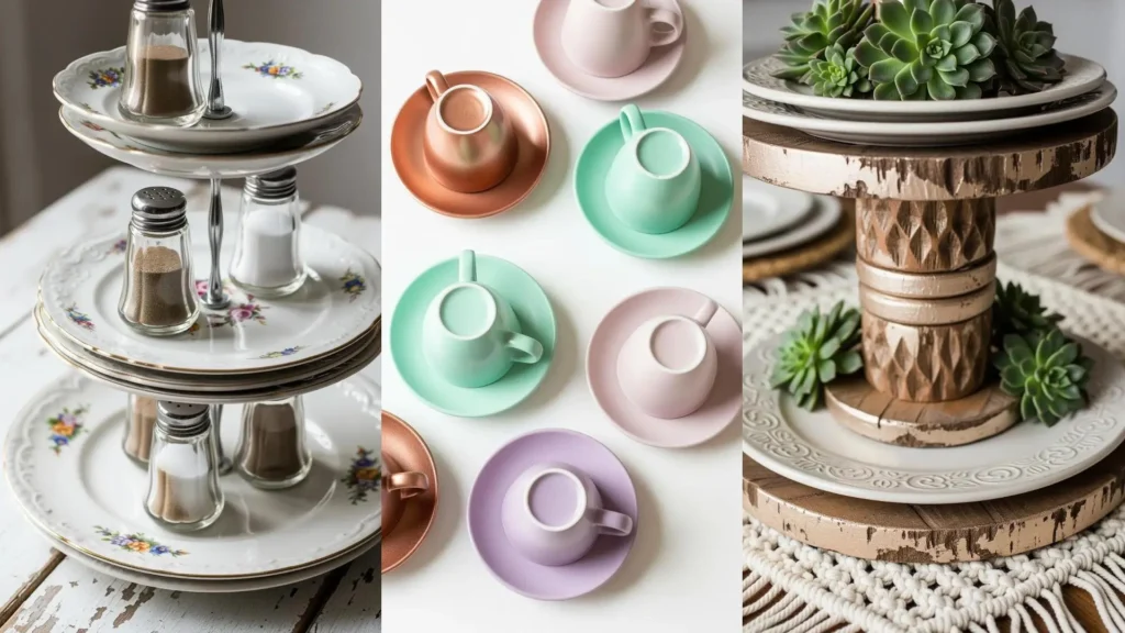 Alzate per dolci fai da te realizzate con piatti riciclati e vernici spray metallizzate, affiancate da tazze colorate.