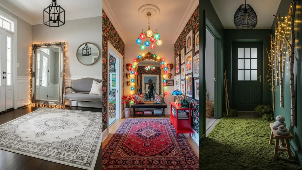 Tre corridoi accoglienti con luci a stringa scintillanti, tappeti soffici e dettagli intimi per un'atmosfera calda.