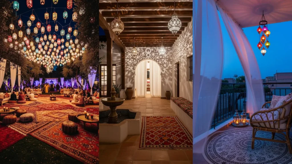 Scenario bohemien-chic all'aperto con tappeti marocchini, tende bianche fluttuanti e lanterne colorate sospese che creano un'atmosfera magica.