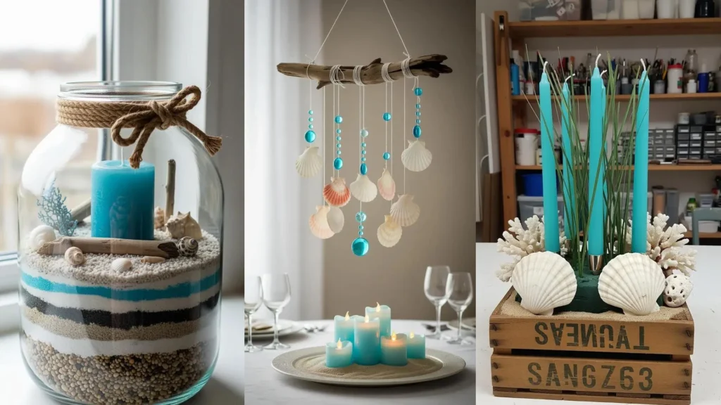 Centrotavola a tema marino fai da te con conchiglie, sabbia, candele blu e dettagli acquatici per un tocco estivo.