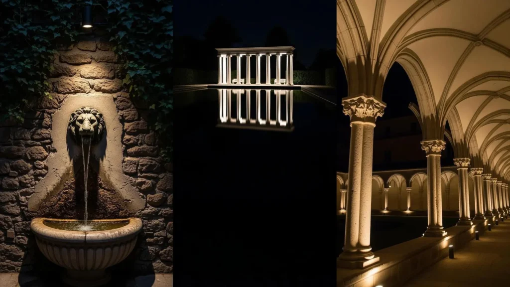 Eleganza notturna con colonne illuminate, siepi scolpite e fontane scenografiche, creando atmosfere magiche.