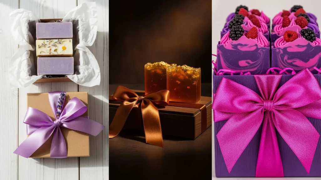 Una composizione di piccoli regali artigianali: saponi fatti in casa in scatoline eleganti con fiocchi colorati viola, oro e fucsia.