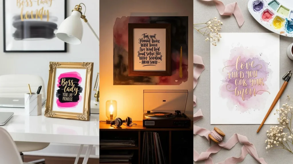 Scena di tre quadri fatti a mano con citazioni in calligrafia e colorati sfondi ad acquerello, perfetti per l'arredamento.