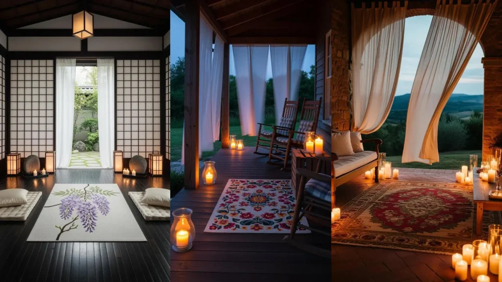 Verande romantiche con tappeti floreali, tende leggere e candele profumate, perfette per la sera.