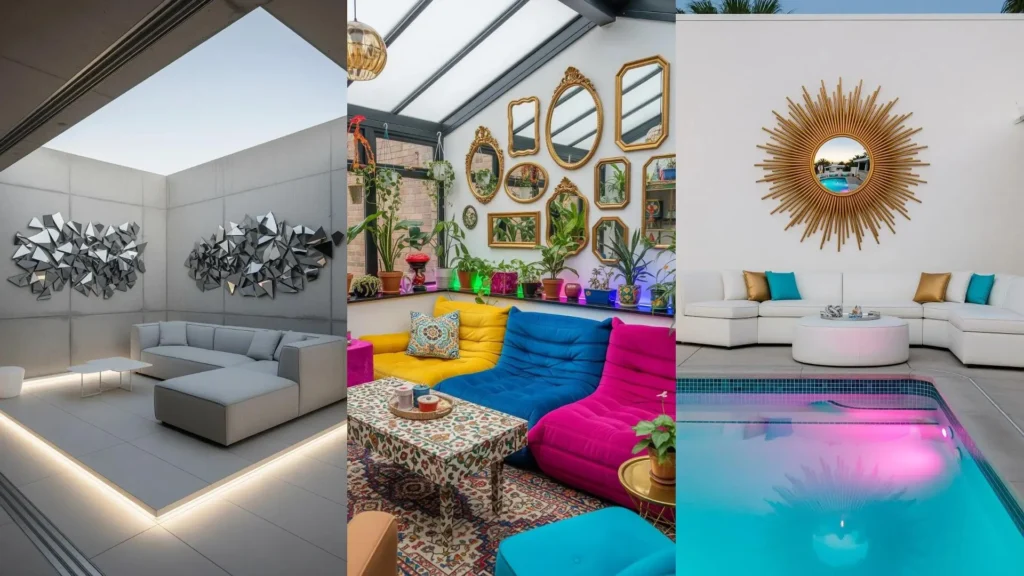 Tre ambienti glamour con divani modulabili, specchi decorativi e luci LED, perfetti per un effetto wow sul patio.