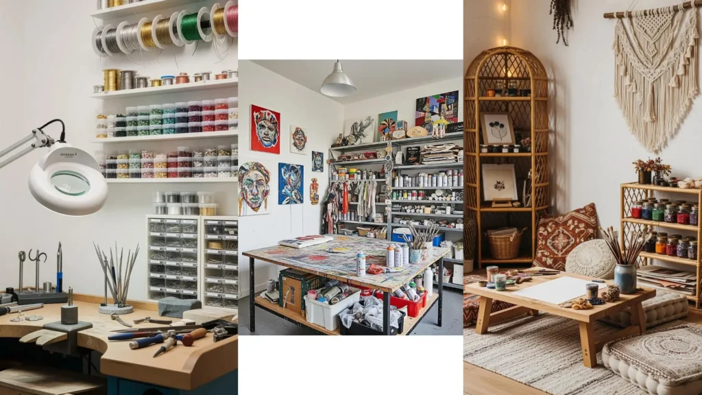 Atelier creativi con scaffali ricolmi di colori vivaci, strumenti e pareti bianche, ispirando ogni artista.