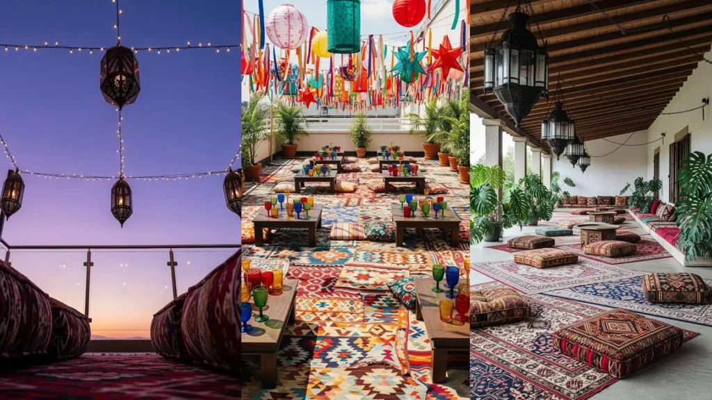 Balconi bohemien con kilim colorati, cuscini e suggestive lanterne pendenti per creare un'atmosfera calda e accogliente.