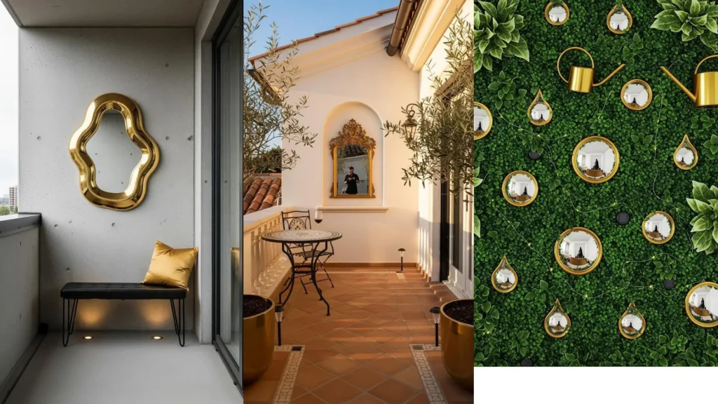 Balconi glamour con specchi dorati di varie forme, luci decorative soffuse e vegetazione, creando un'atmosfera elegante.