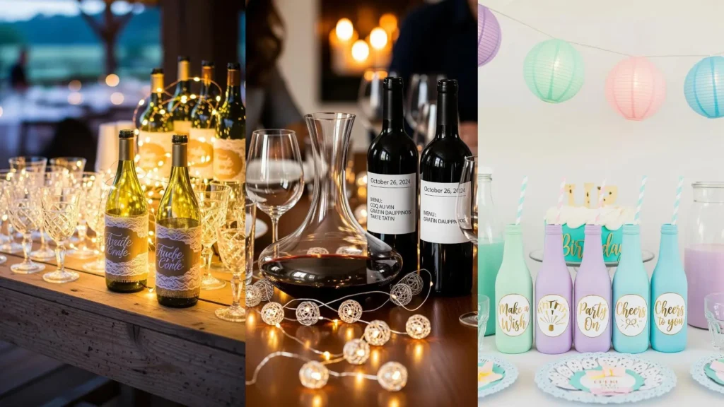 Drink station con bottiglie decorate, etichette personalizzate e lucine scintillanti, perfetta per feste.