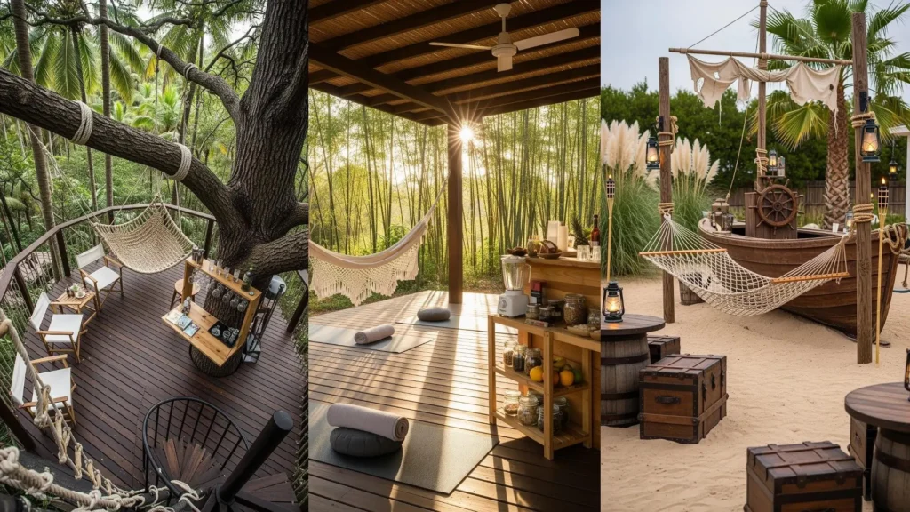 Patii tropicali da sogno con palme, amache, e un cocktail bar fai da te per un'isola privata paradisiaca.