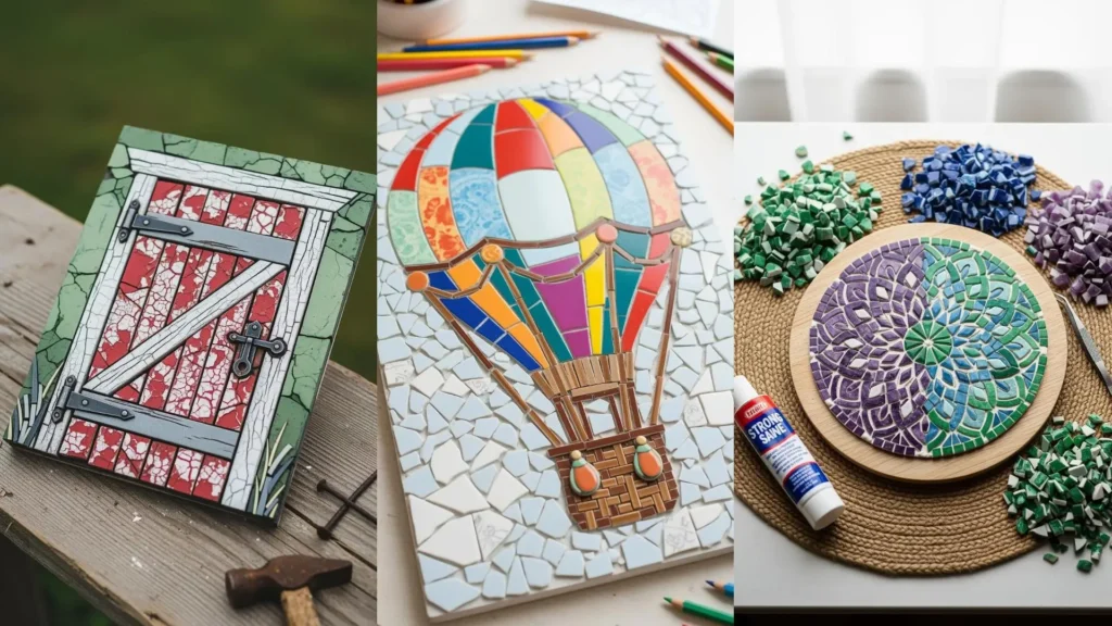 Quadri handmade: un mosaico di una porta, una mongolfiera e un mandala con piastrelle colorate recuperate.