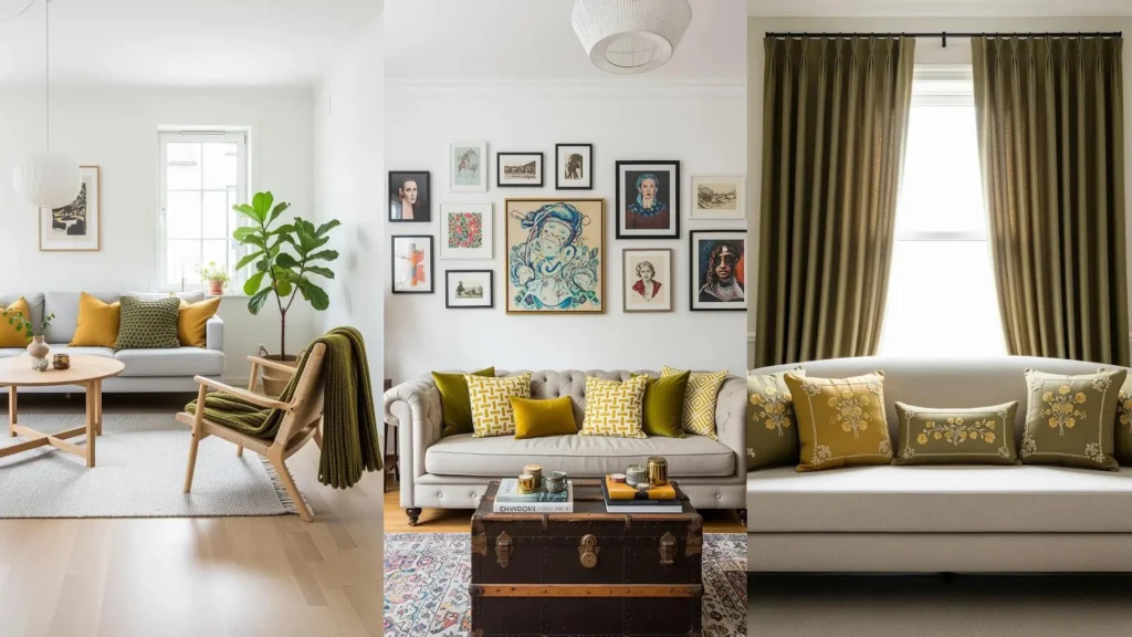 Soggiorni moderni con divani chiari, cuscini in senape e verde oliva e tessuti naturali, creando un ambiente accogliente.