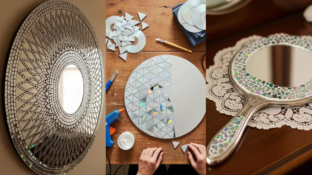 Vari specchi decorativi fai da te con mosaici scintillanti creati da CD riciclati, inclusi un grande specchio rotondo e uno a mano.