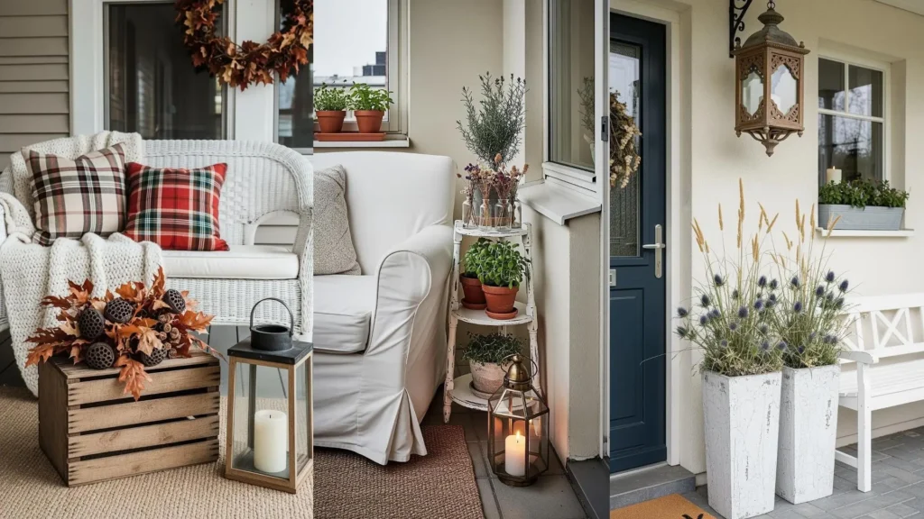 Veranda shabby chic con mobili bianchi, cuscini a quadri, fiori secchi e lanterne vintage decorative, creando un'atmosfera accogliente.