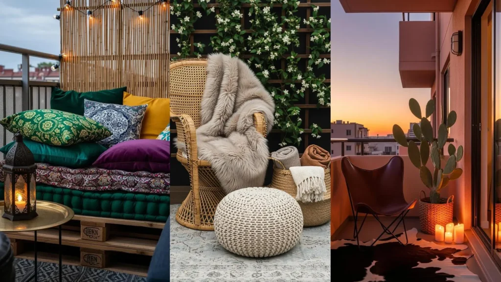 Immagine di balconi bohemien con tappeti etnici, cuscini colorati e sedute comode per angoli di puro relax.