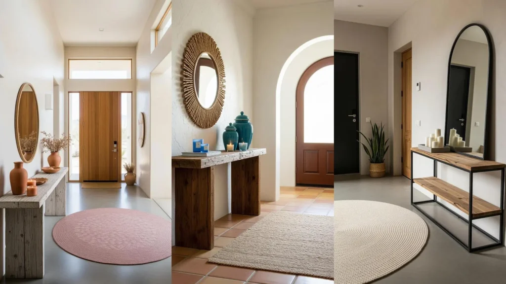 Ingressi confortevoli con tappeti, candele e consolle rustiche. Atmosfera calda e accogliente per l'ingresso di casa.