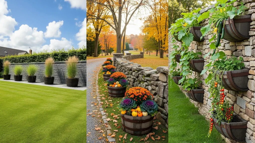 Vari giardini con vecchie botti riadattate a fioriere e recinti in pietra, mostrando un design di rusticità creativa.