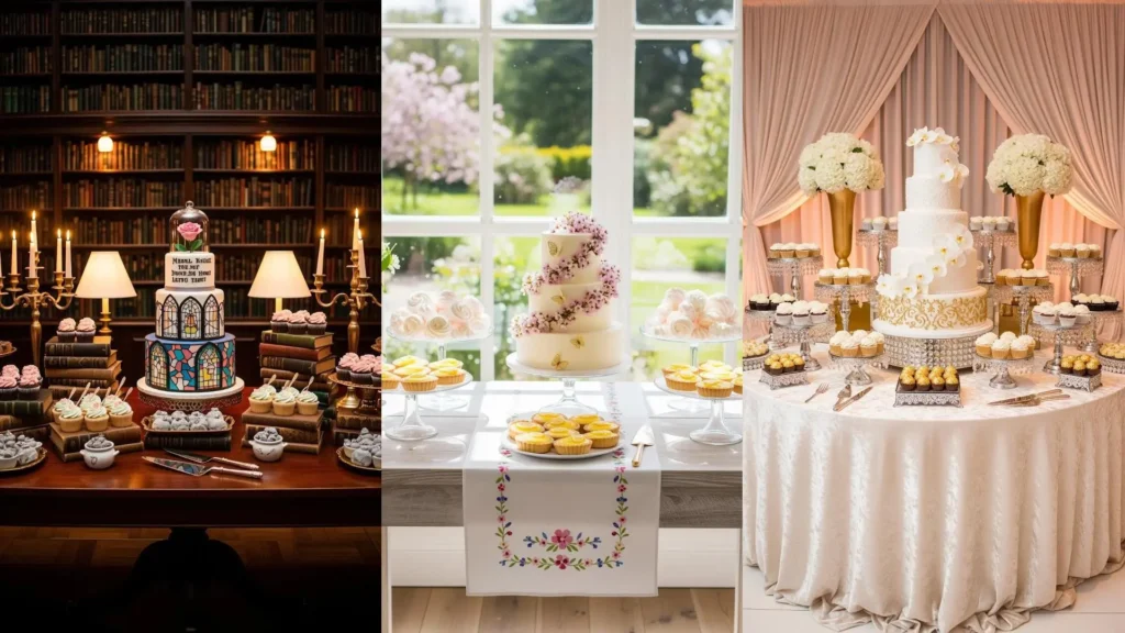 Tre eleganti tavoli da festa con torte a più piani decorate con fiori freschi e tocchi dorati, perfetti per un matrimonio.