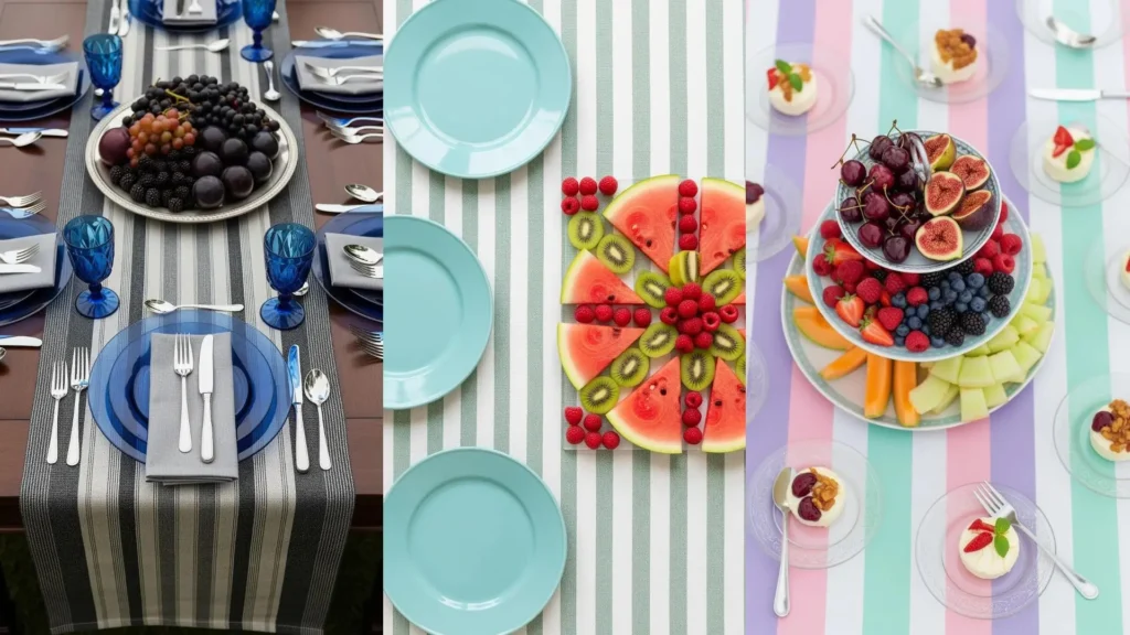 Tavole estive in giardino con tovaglie a righe, piatti colorati e centrotavola di frutta fresca come anguria, bacche e fichi.