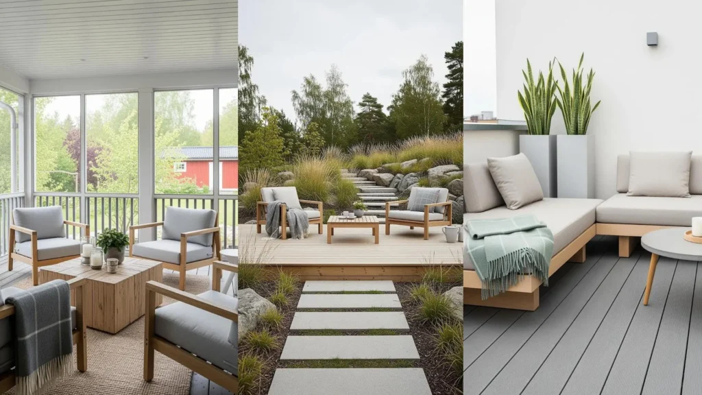 Verande scandinave accoglienti con arredi in legno chiaro, morbidi plaid e tavolini bassi, che creano un'atmosfera calda.