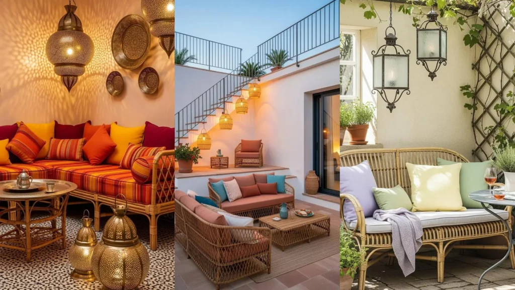 Divani in rattan con cuscini vivaci e lanterne sospese creano un angolo mediterraneo perfetto per le notti d'estate.