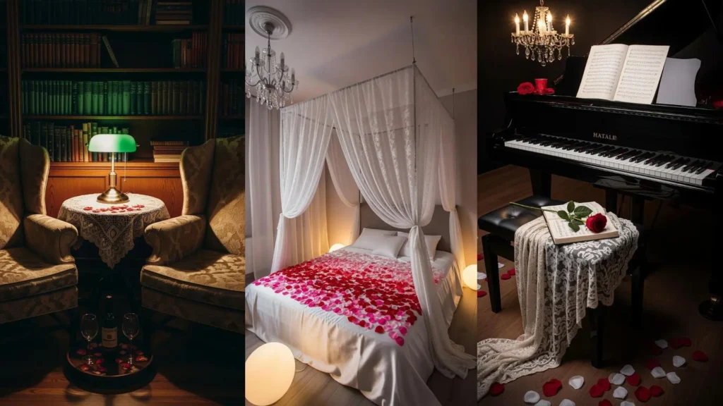 Atmosfere romantiche per San Valentino: letto con petali, tavolo con pizzi e luci soffuse, pianoforte elegante.