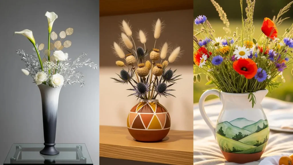 Tre centrotavola floreali indoor con materiali naturali in vasi dipinti a mano, con fiori freschi e secchi.