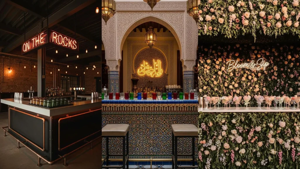 Insegne al neon brillano su spettacolari cocktail bar con bicchieri colorati e design unici, da industriale a floreale.