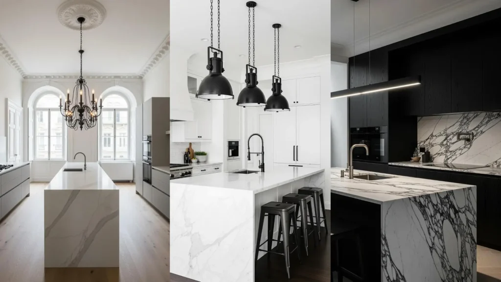 Cucine moderne con isole centrali in marmo bianco e sospensioni nere di carattere, un design elegante e funzionale.
