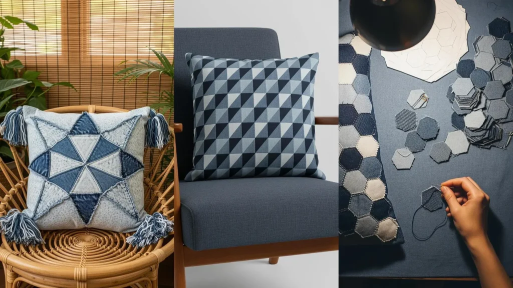Cuscini patchwork fai da te da vecchi jeans nel soggiorno, e mani che cuciono esagoni di tessuto. Lavoro creativo di riciclo.