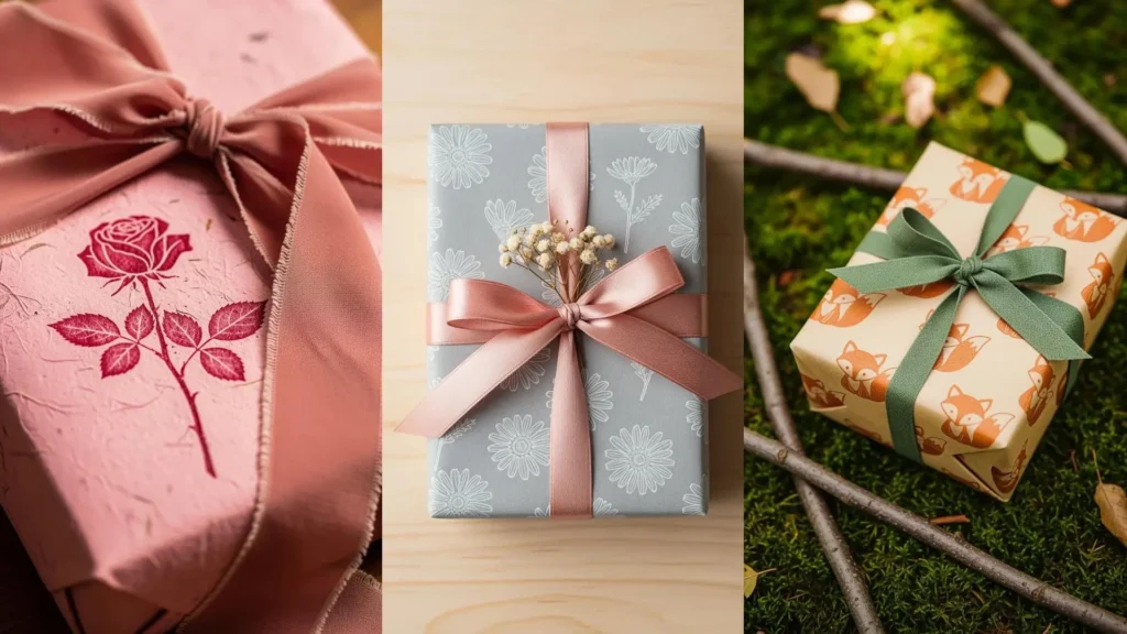 Tre regali creativi con carta riciclata, timbri a rosa e volpe, nastri eleganti rosa e verdi su sfondo naturale.