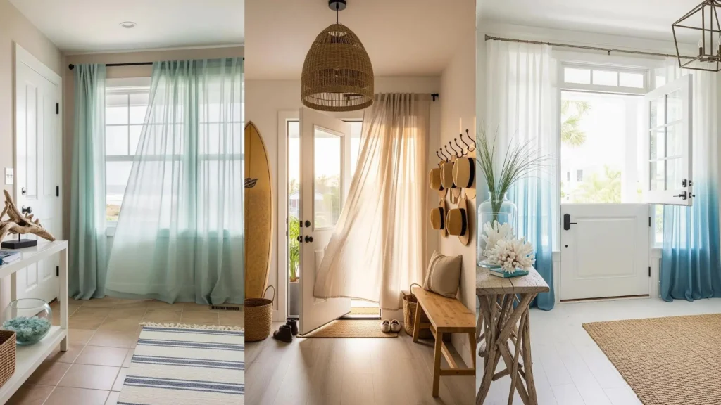 Tre ingressi ariosi con tende leggere e porte bianche, inondati di luce naturale filtrata che crea un'atmosfera serena.