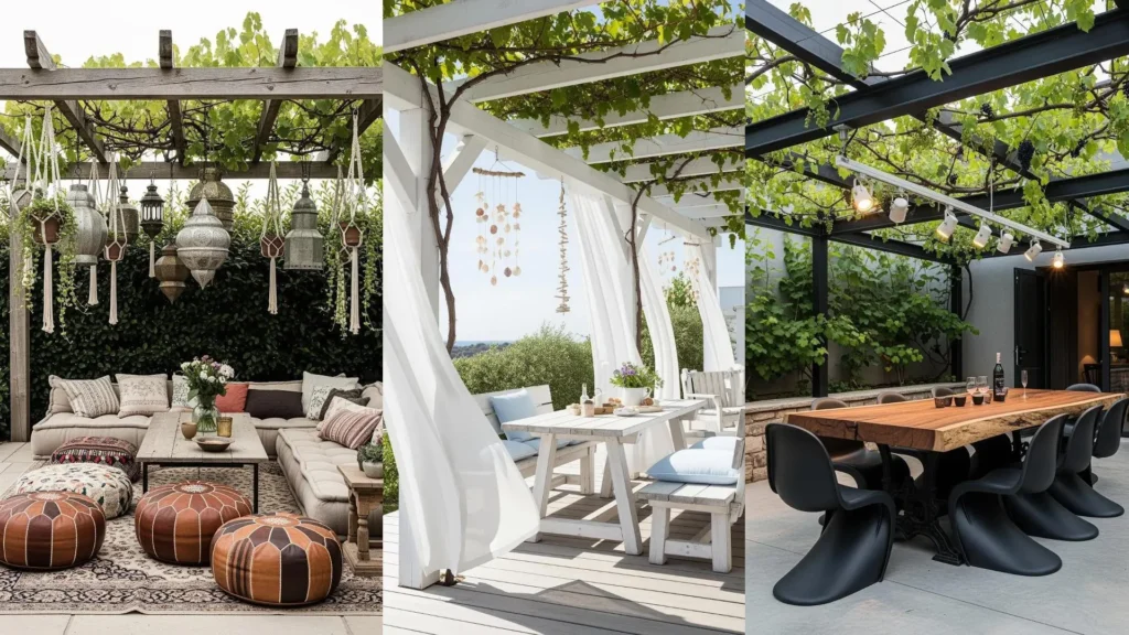 Pergolato di vite mediterraneo con tavoli rustici e calde luci sospese, creando un patio contemporaneo e accogliente.