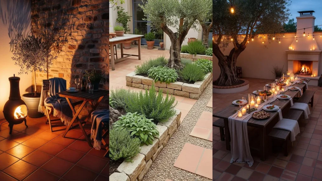 Tre patii mediterranei con ulivi, pavimenti in cotto e tavoli rustici, che evocano un sapore antico e uno stile autentico.