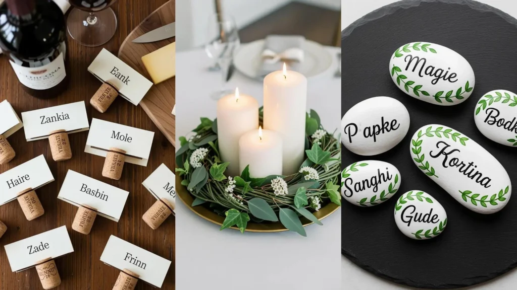 Scena DIY per festa di fidanzamento: centrotavola floreale con candele, segnaposto creativi e idee regalo fai da te per gli ospiti.