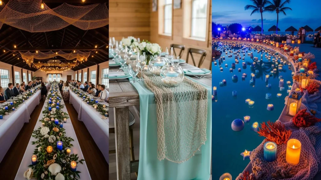 Matrimonio a tema mare con decorazioni marine, conchiglie, reti da pesca e candele blu galleggianti in piscina e sui tavoli.