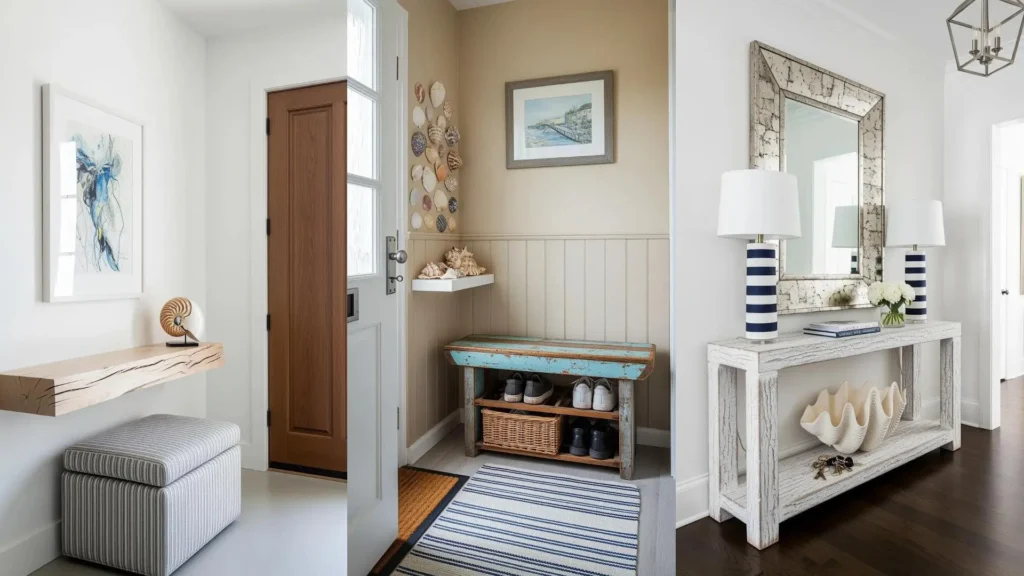 Ingressi coastal con tavoli in legno sbiancato, decorazioni di conchiglie e tessuti a righe blu su lampade e tappeti.