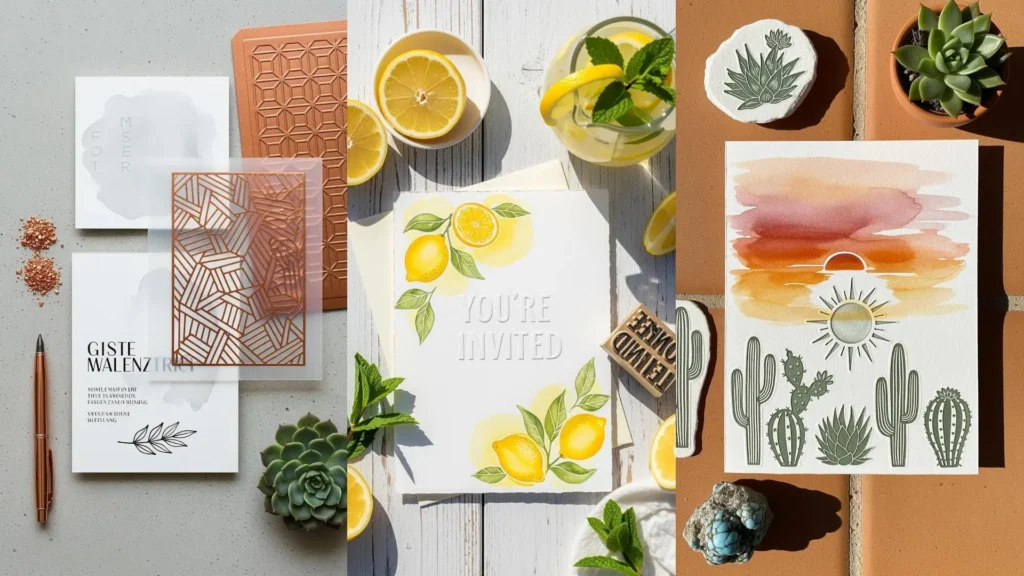 Inviti fatti a mano con limoni acquerellati, paesaggi desertici, timbri e dettagli in rilievo per eventi da sogno.