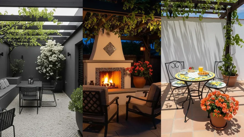 Patio mediterraneo con bouganville bianca, pergolato di vite e tavolo a mosaico. Perfetto angolo soleggiato per relax.