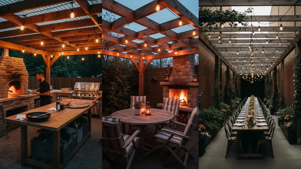 Pergolati illuminati con luci calde e tavoli rustici, perfetti per cene mediterranee sotto le stelle.