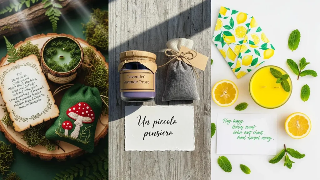 Vari regali DIY: candele profumate (lavanda, limone, bosco), bustine decorate e biglietti scritti a mano.