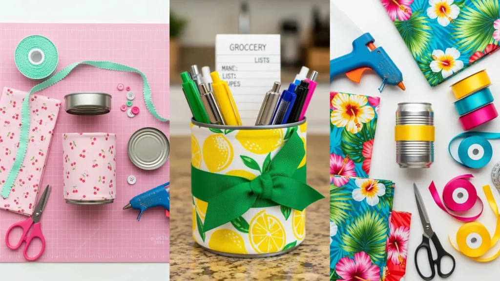 Portamatite originali fai da te da lattine riciclate, decorati con tessuti a ciliegie, limoni e fiori tropicali, e nastri colorati.