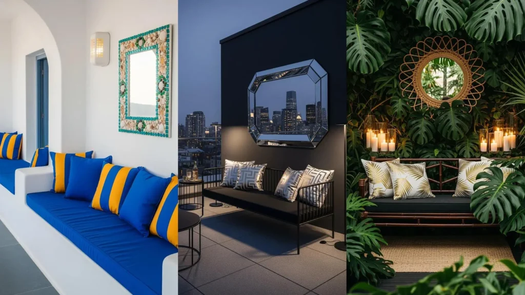 Portici glamour con specchi ornamentali, cuscini dorati e luce soffusa. Design elegante e accogliente per esterni.