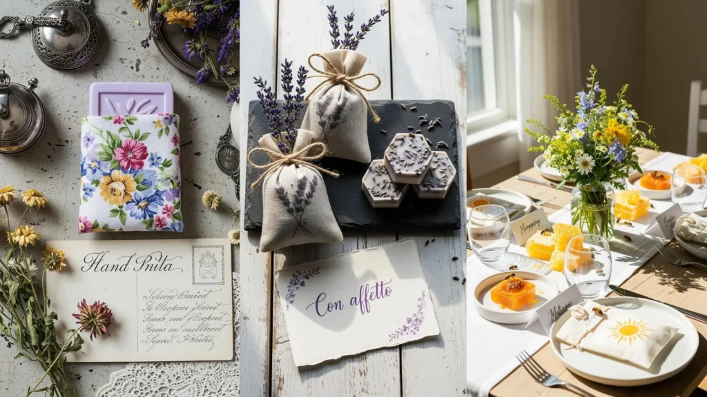 Regali fai-da-te per feste intime: bustine profumate alla lavanda, mini saponi e biglietti scritti a mano su una tavola festosa.