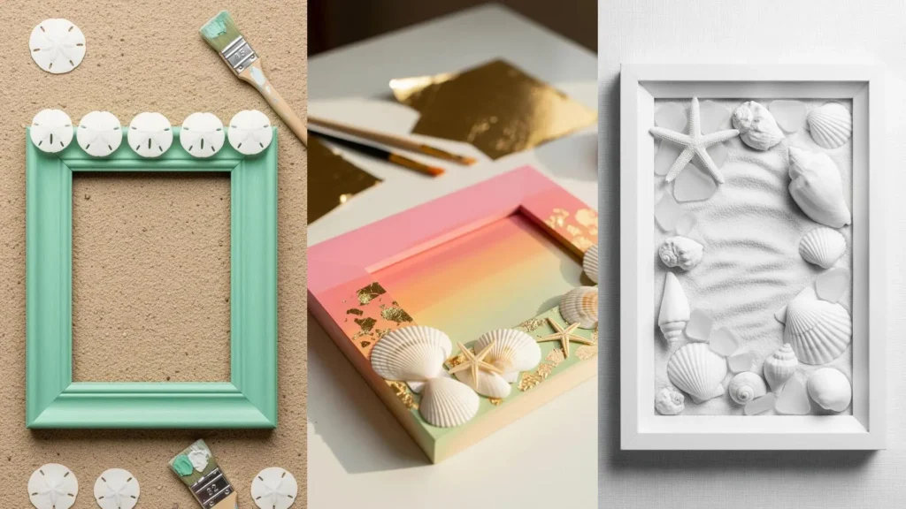 Cornici fai da te decorate con conchiglie, sabbia e stelle marine, ideali per spunti creativi con dettagli marini.