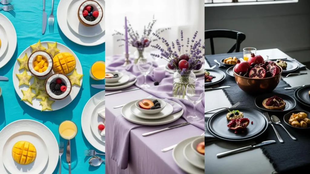 Allestimenti per brunch domenicali con tovaglie colorate, piatti moderni e centrotavola di frutta esotica.