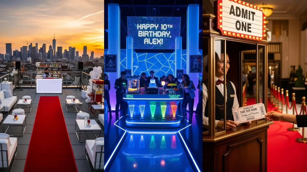 Festa di compleanno in stile Hollywood con red carpet, popcorn bar e insegne luminose.