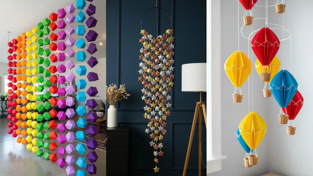 Decorazioni sospese con origami colorati, tra cui forme geometriche, stelle e mongolfiere, appese a fili trasparenti.