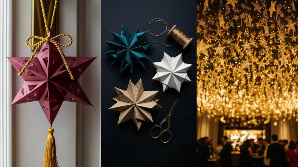 Stelle di carta colorate e fili dorati, decorazioni natalizie fai da te da appendere, creano un'atmosfera magica.