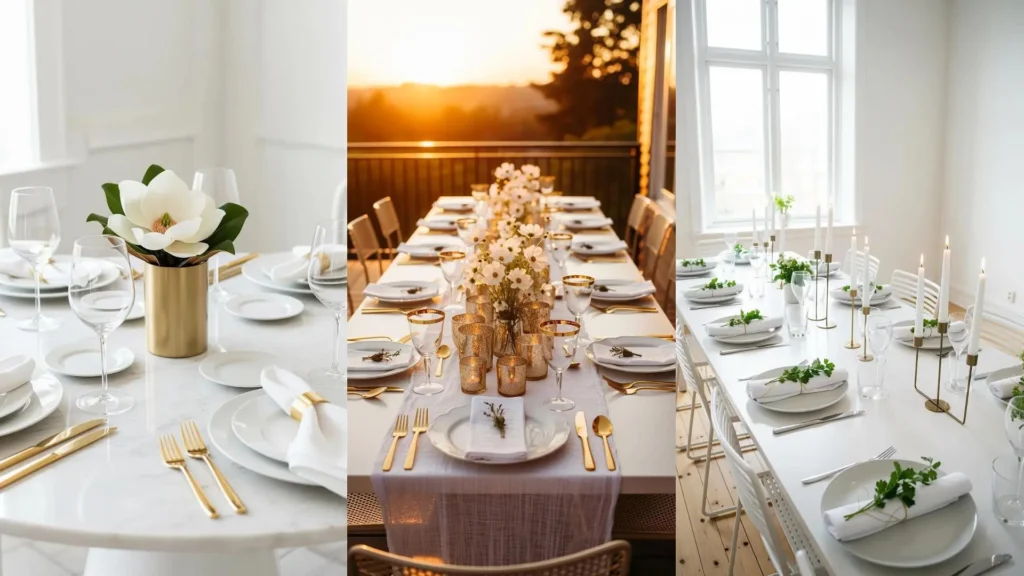 Tre eleganti tavoli total white per feste di laurea con raffinati dettagli dorati, apparecchiati per un evento speciale.